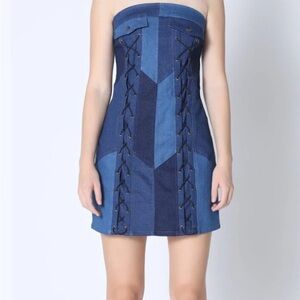 Gracia Strapless Patchwork Denim Mini Dress in Two-Tone Blue